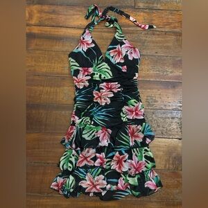 My Michelle Tropical Black Floral Strapless Neck Halter Dress Size Large